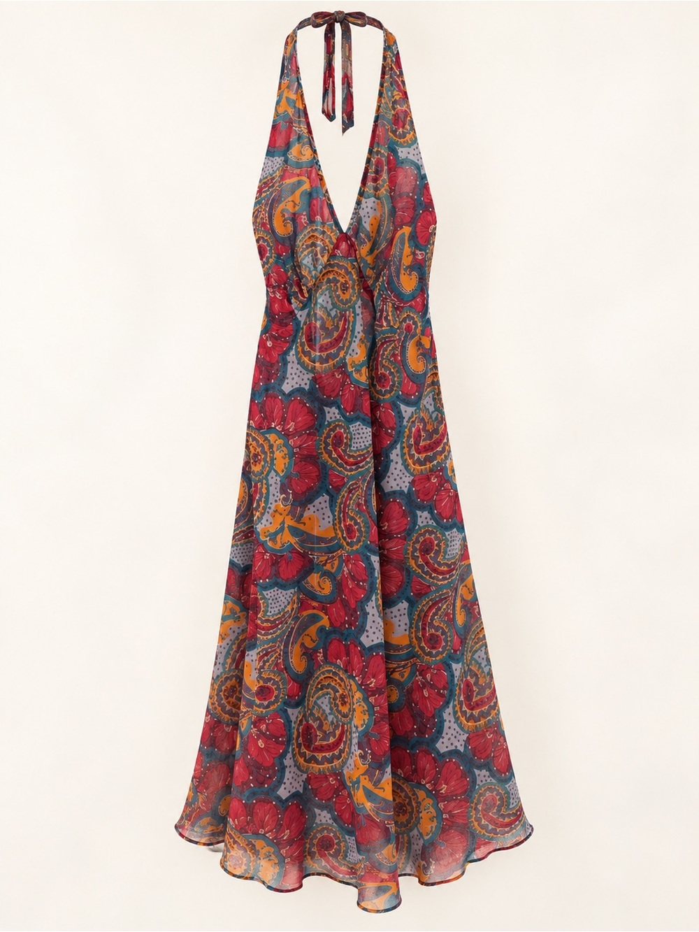 One-Shoulder Paisley Maxi Dress in Red and Teal